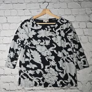 Loft Reverse Knit Black Gray Floral Print 3/4 Sleeve Knit Top Size Medium